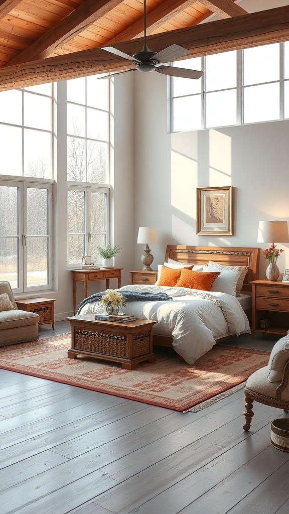 A spacious western-themed bedroom with large windows, wooden beams, and cozy furniture.