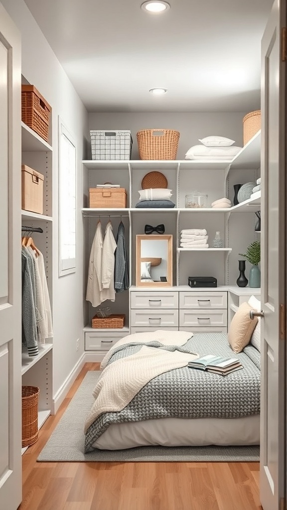 An organized closet space with shelves, baskets, drawers, and a neatly made bed in a tiny bedroom.