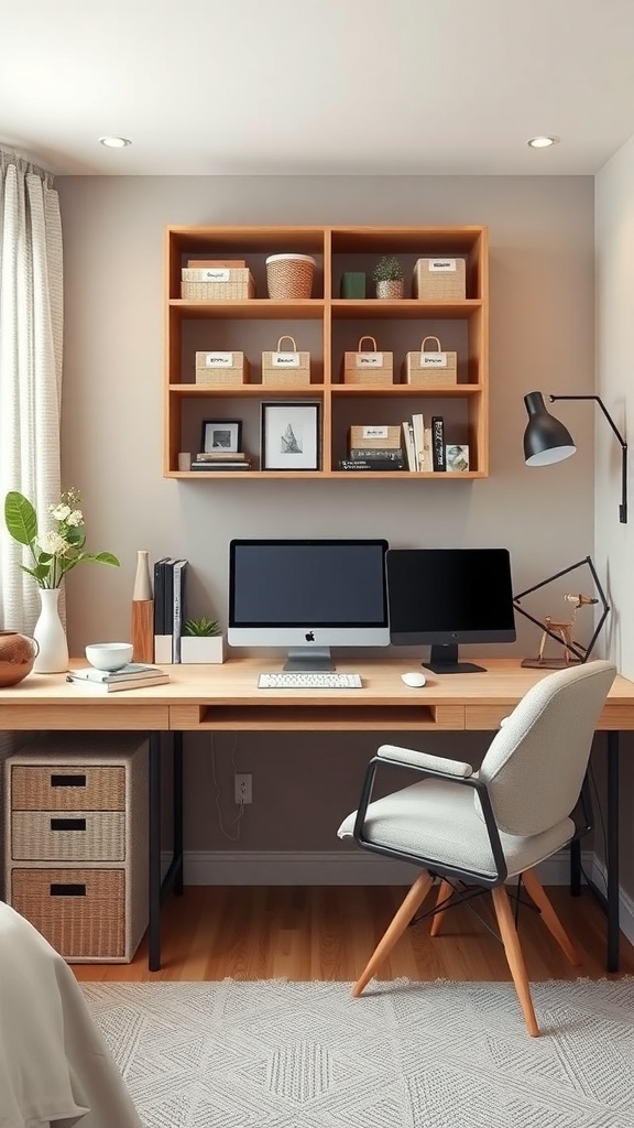 A modern home office with a wooden desk, two computer monitors, and organized shelves.