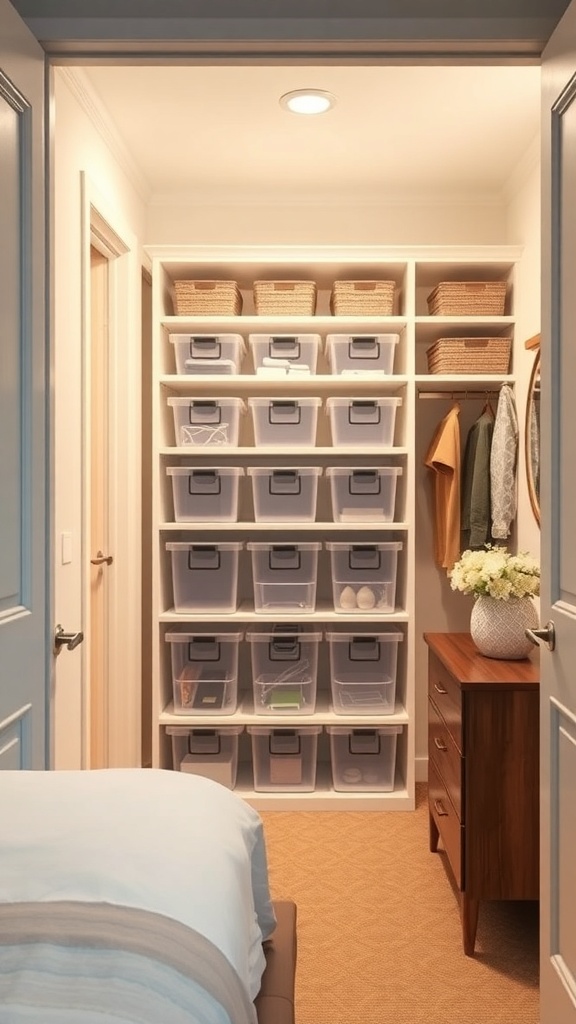 A small walk-in closet organized with clear bins and woven baskets on shelves.