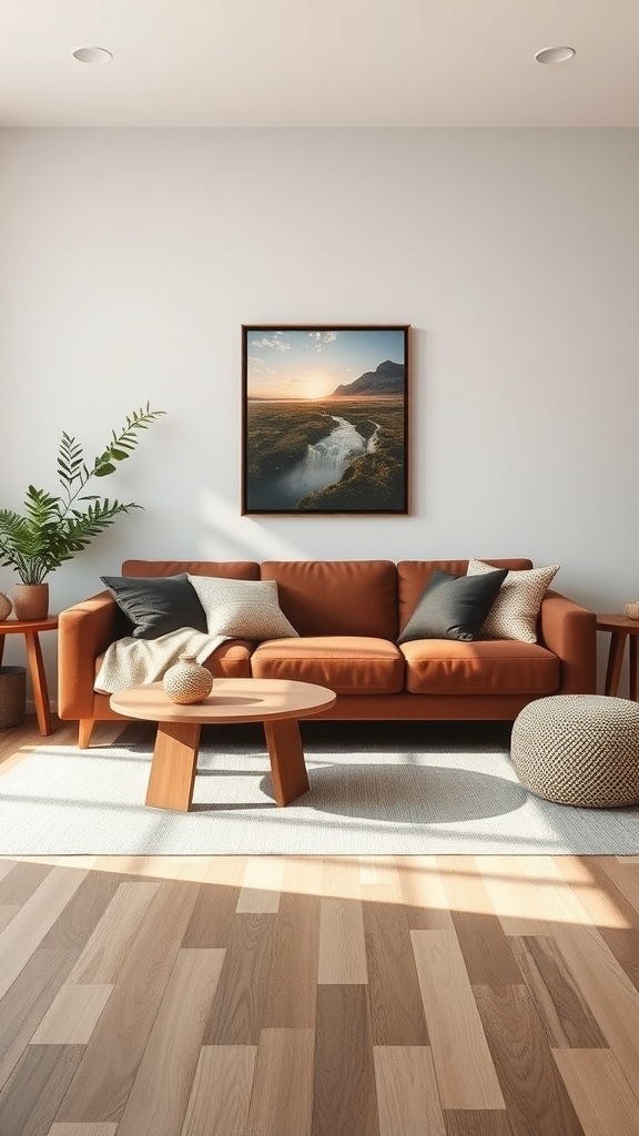 A cozy living room featuring a brown sofa, potted plant, and nature-inspired artwork.