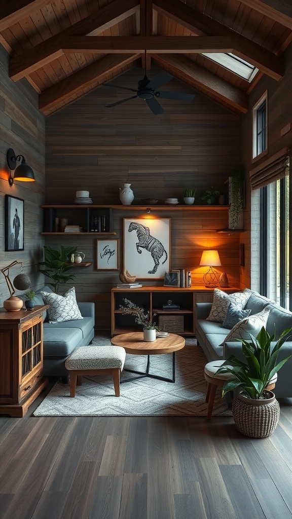 Cozy indoor space featuring wooden beams, plants, and rustic decor representing an outdoor-inspired theme.