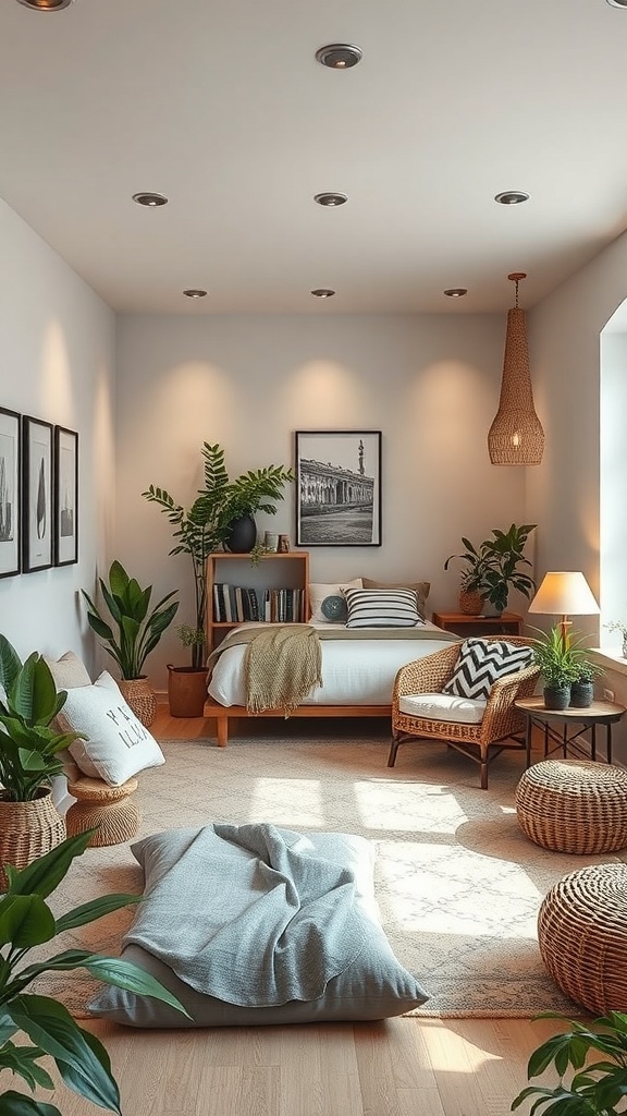 A cozy relaxation area in a basement with plants, rattan furniture, and soft textiles.