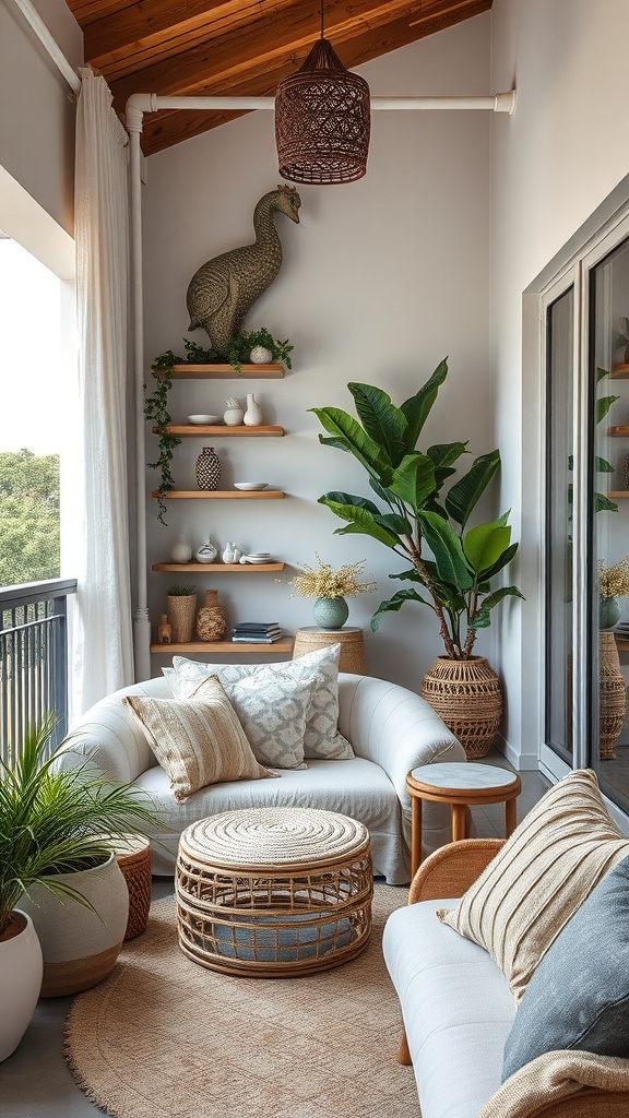 A stylish small balcony featuring a decorative bird sculpture, shelves with decorative items, and cozy seating.