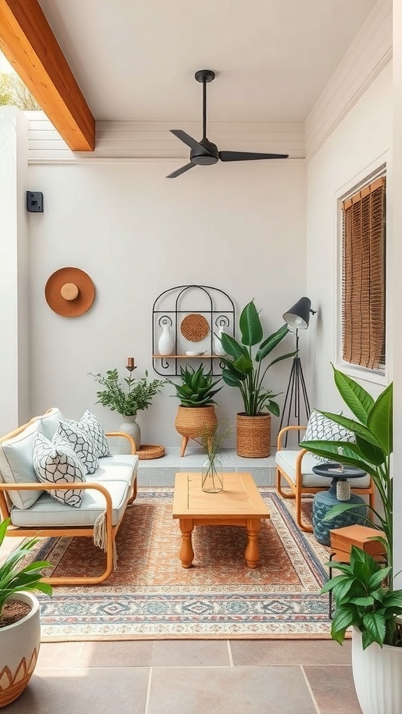A cozy tiny patio featuring stylish furniture and green plants.