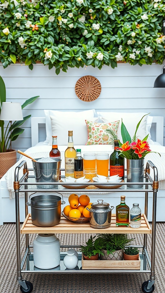 An outdoor bar cart with drinks, fruits, and decorative elements, set up for summer gatherings.