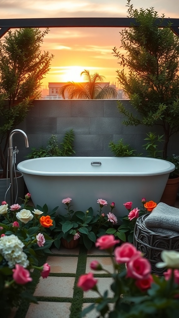 An outdoor bathtub surrounded by flowers and greenery, with a sunset in the background.