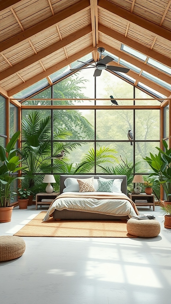 A beautiful outdoor bird aviary with a cozy interior, featuring plants and a comfortable bed.
