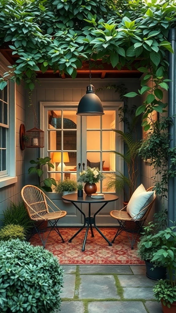 Cozy outdoor dining area with plants and a bistro table.