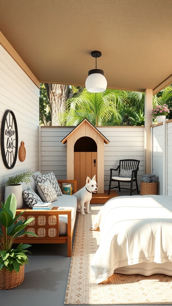 A cozy outdoor dog retreat featuring a doghouse, seating area, and plants.