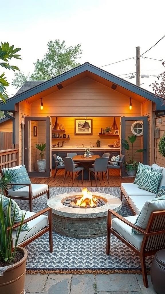 Cozy outdoor entertainment area with fire pit and dining space in a tiny house setting