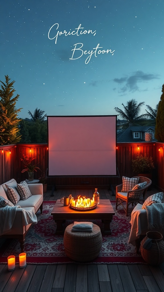 Cozy outdoor movie setup with a screen, seating, and fire pit