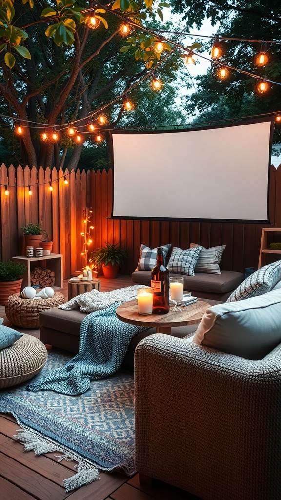 Cozy outdoor movie night setup with string lights, comfortable seating, and a projector screen