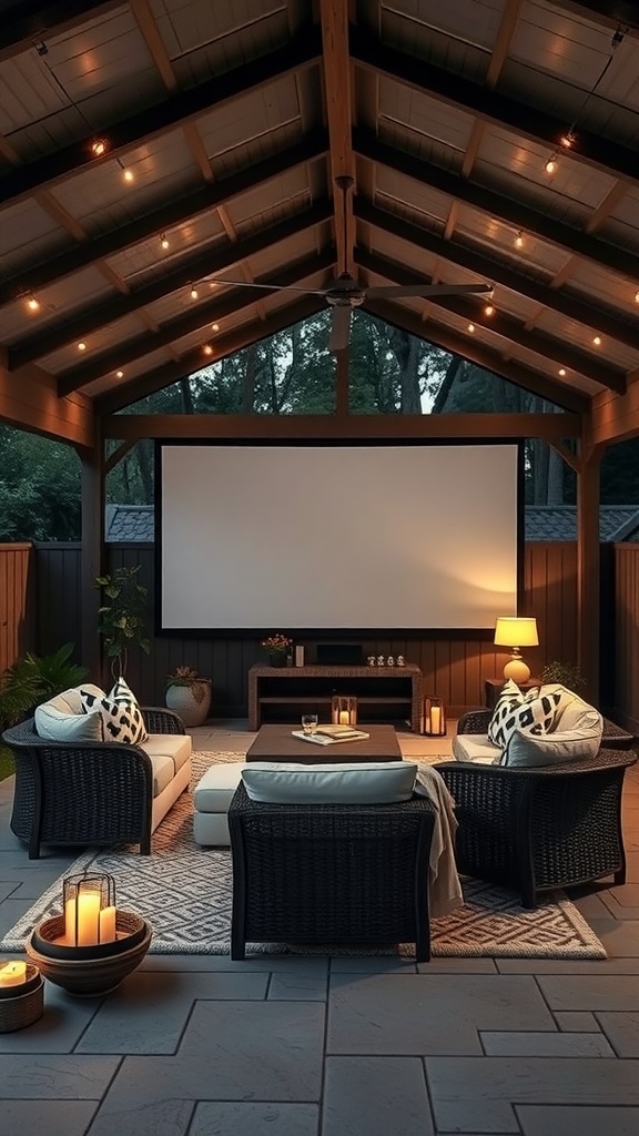 Cozy outdoor movie theater setup with a large screen, comfortable seating, and warm lighting.