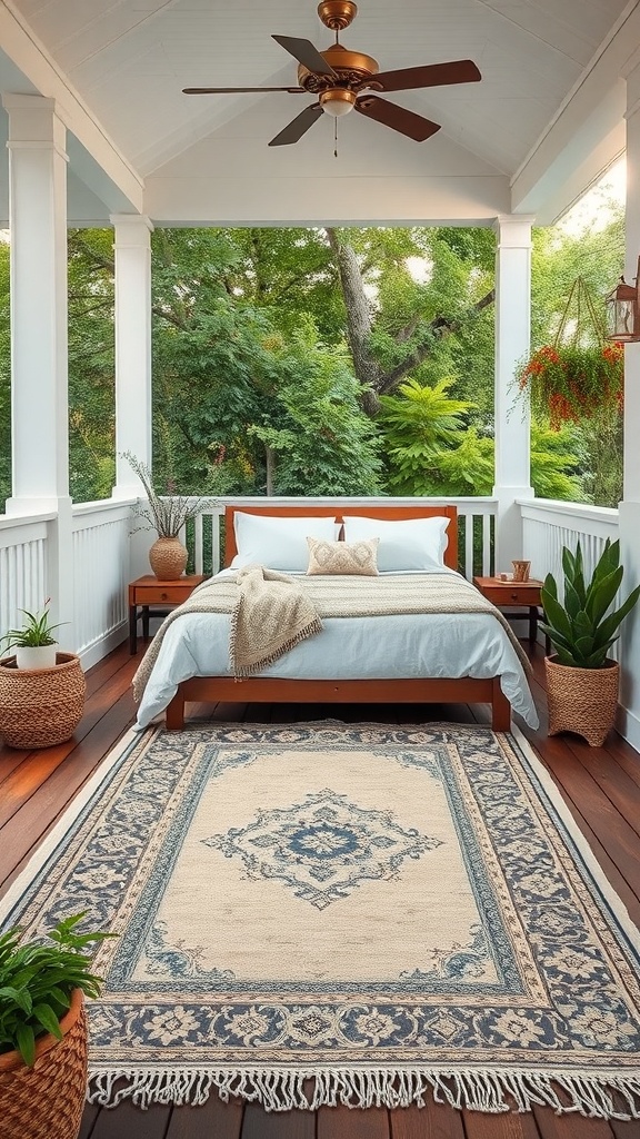 Cozy porch with a decorative outdoor rug, plants, and a bed setup