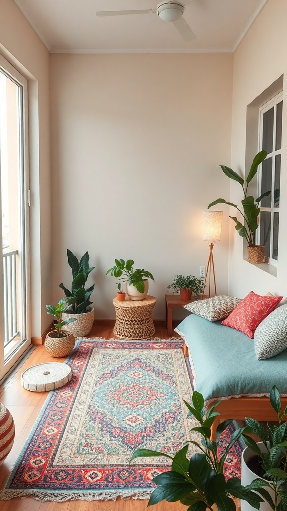 Cozy balcony with an outdoor rug, plants, and comfortable seating