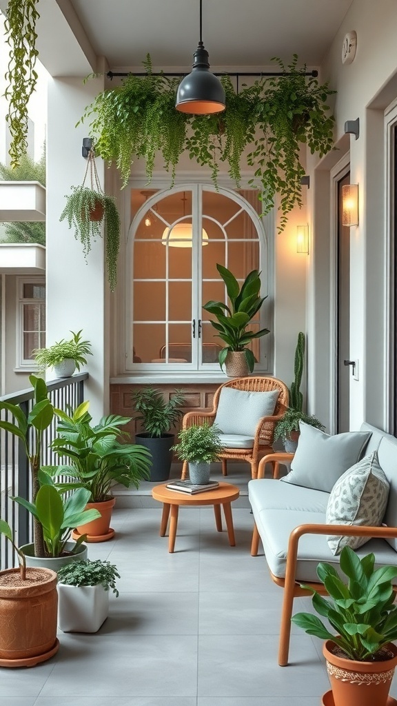 A cozy balcony filled with various plants, featuring comfy seating and warm lighting, showcasing effective outdoor space utilization.