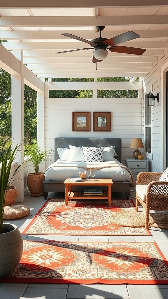 A cozy outdoor space featuring a weather-resistant rug, comfortable seating, and plants.