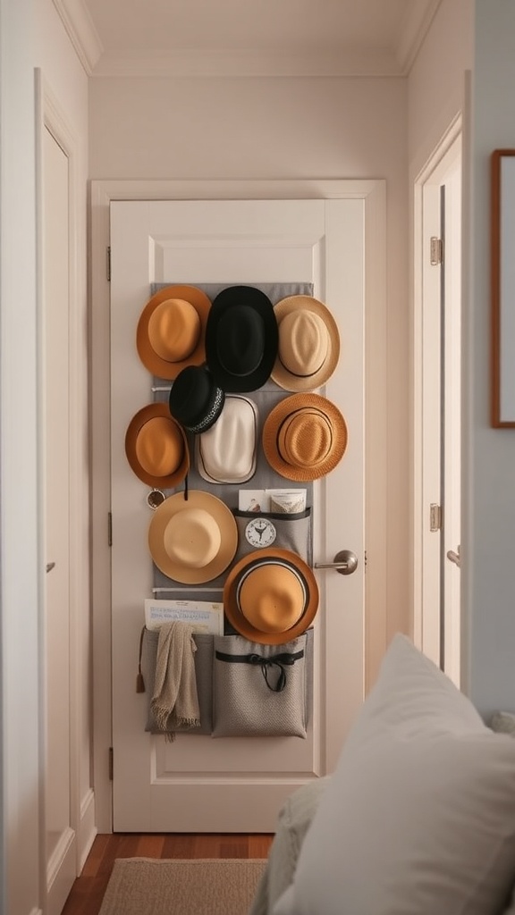 An over-the-door hat organizer with various hats displayed neatly.