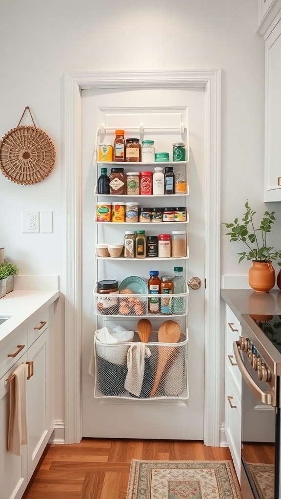 An organized pantry door with shelves filled with jars and containers of spices, sauces, and dry goods.