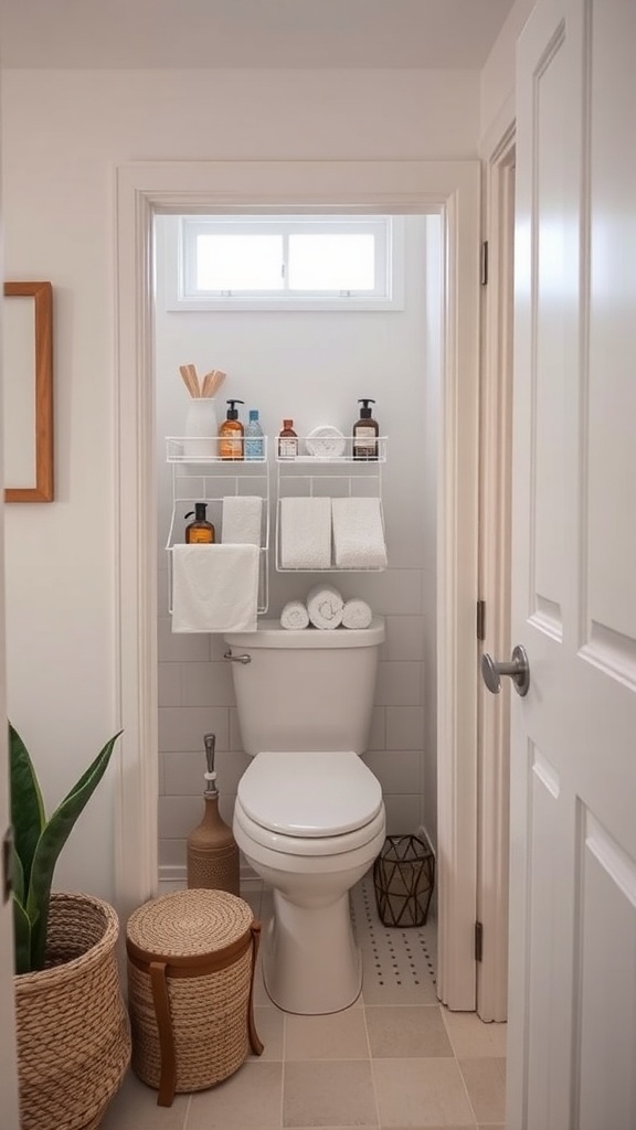A bathroom featuring an over-the-door organizer filled with towels and toiletries.