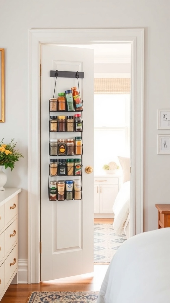 Over-the-door shoe organizer filled with spice jars on a pantry door