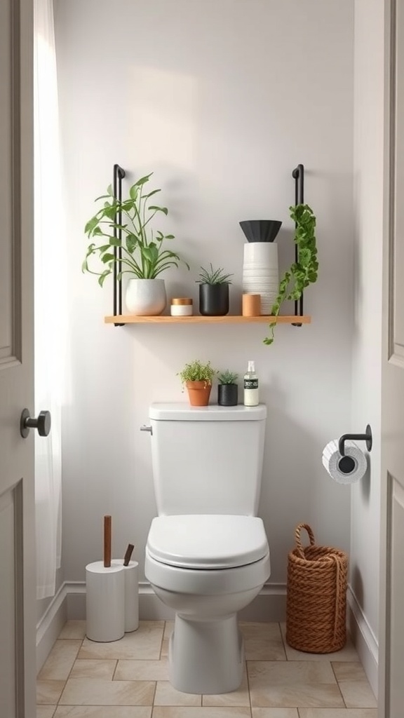 Stylish over-the-toilet shelf with plants and decorative items