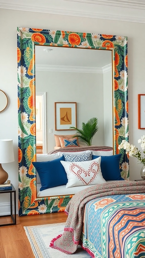 A vibrant fabric-covered mirror frame with floral and fruit patterns, reflecting a cozy room.