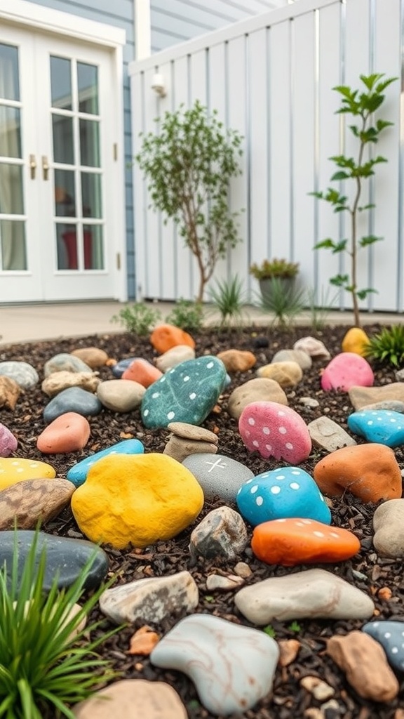 Colorful painted rocks in a garden setting