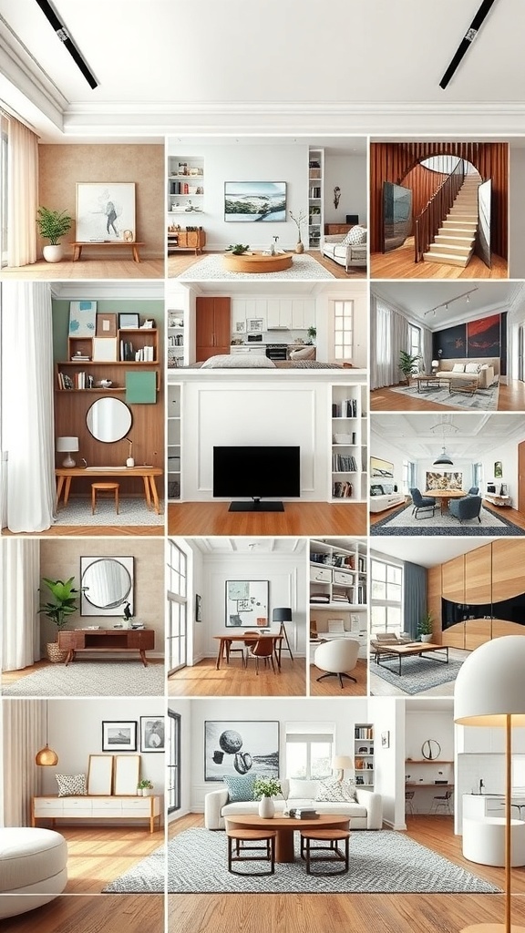 A collage of interior designs featuring various partition walls in modern living spaces.