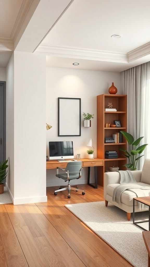 A stylish home office with a partition, featuring a desk, ergonomic chair, bookshelf, and decorative plants.