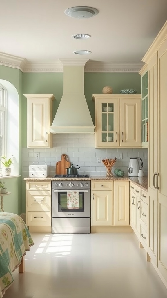 A cozy kitchen featuring pastel green walls and cream cabinetry, with natural light illuminating the space.