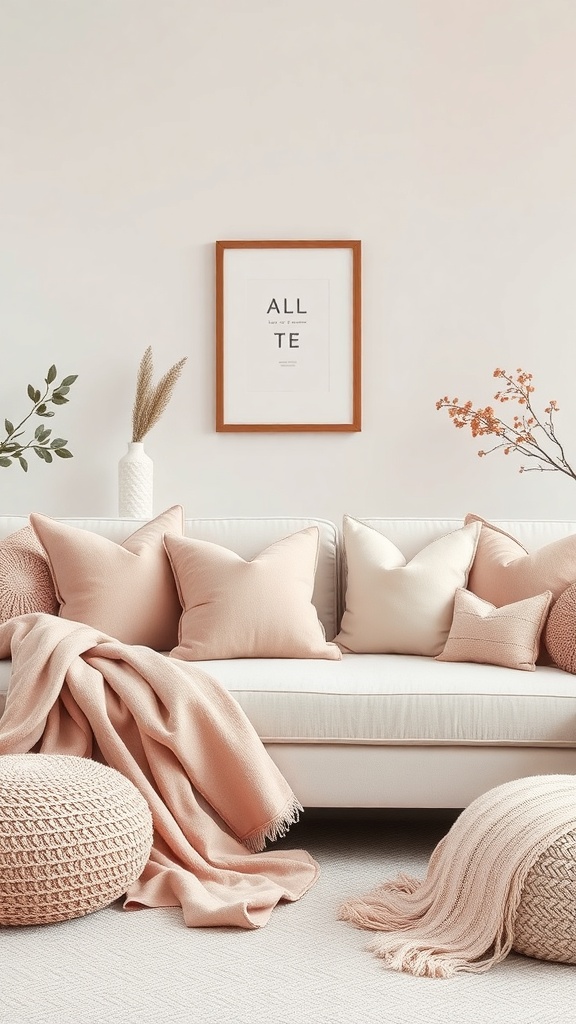 Cozy living room with pastel pink accessories including pillows, a throw blanket, and a pouf.