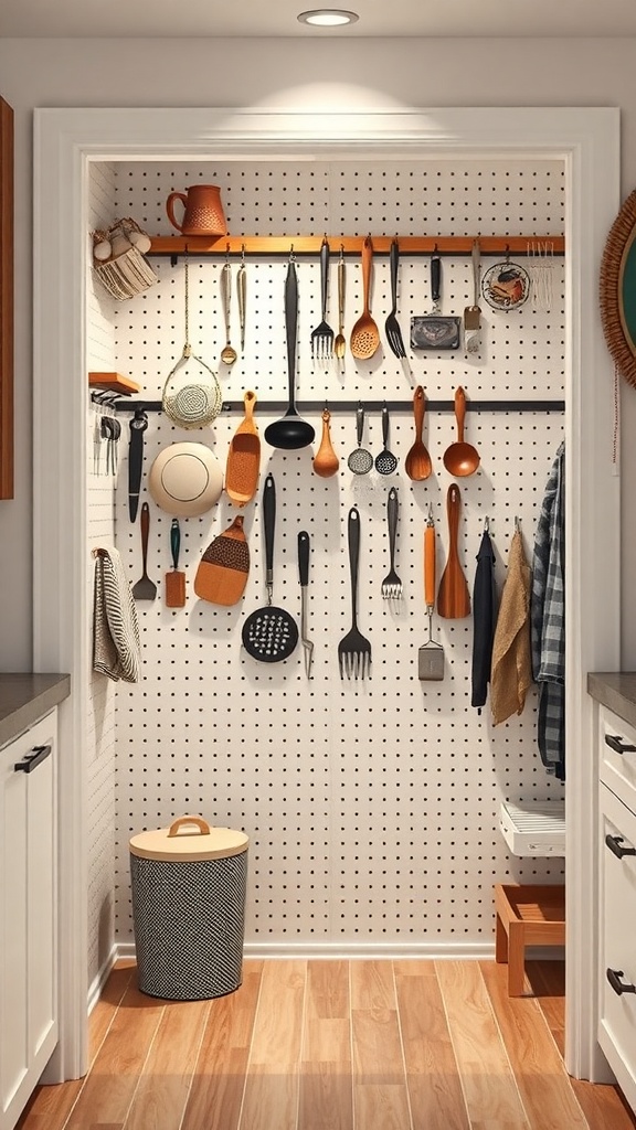 A pegboard in a kitchen displaying various utensils and tools, organized for easy access.