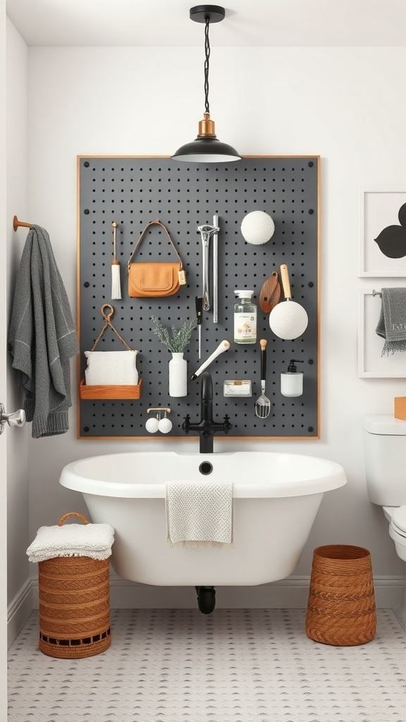 An organized pegboard in a small bathroom displaying various toiletries and decorative items.