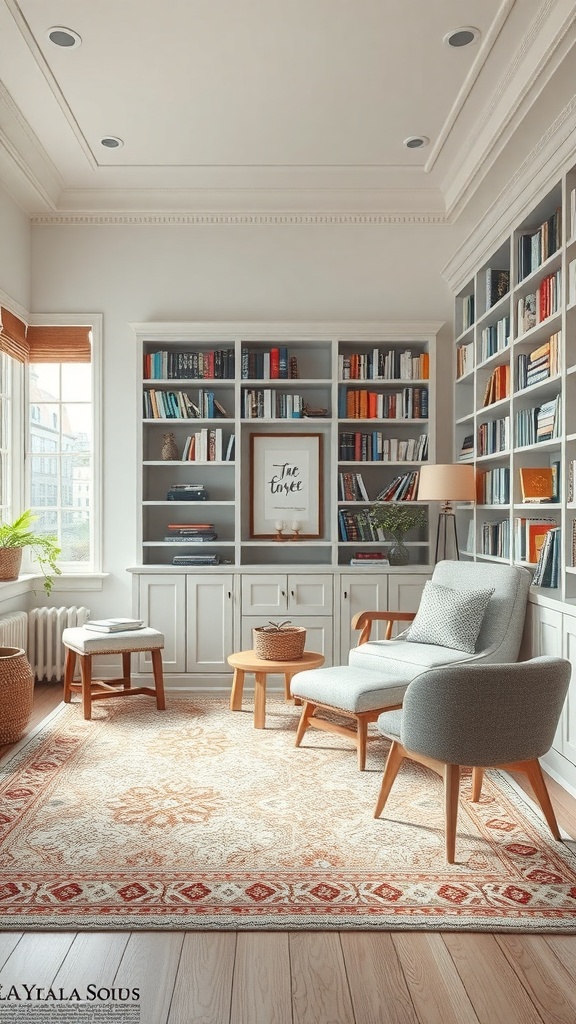 A cozy reading nook featuring a personal library with bookshelves, a comfortable chair, and a warm rug.