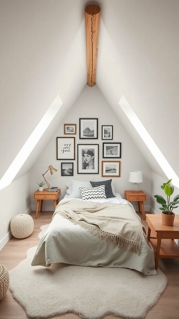 Cozy attic bedroom with personalized art display on the wall.