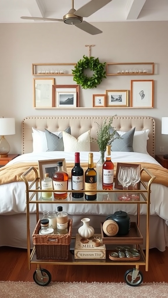 A stylish bar cart with various bottles, glasses, and decorative items, set in a cozy bedroom.