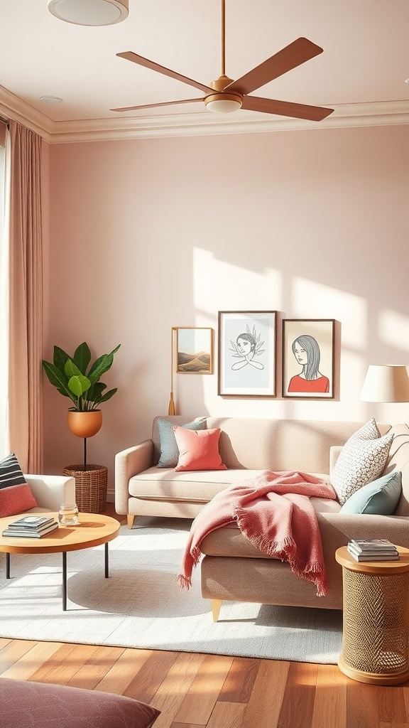 A colorful living room with pink walls, a beige sofa, colorful cushions, and plants.