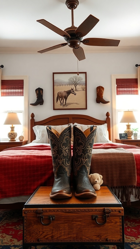 A pair of cowboy boots displayed on a wooden trunk in a western-themed bedroom.