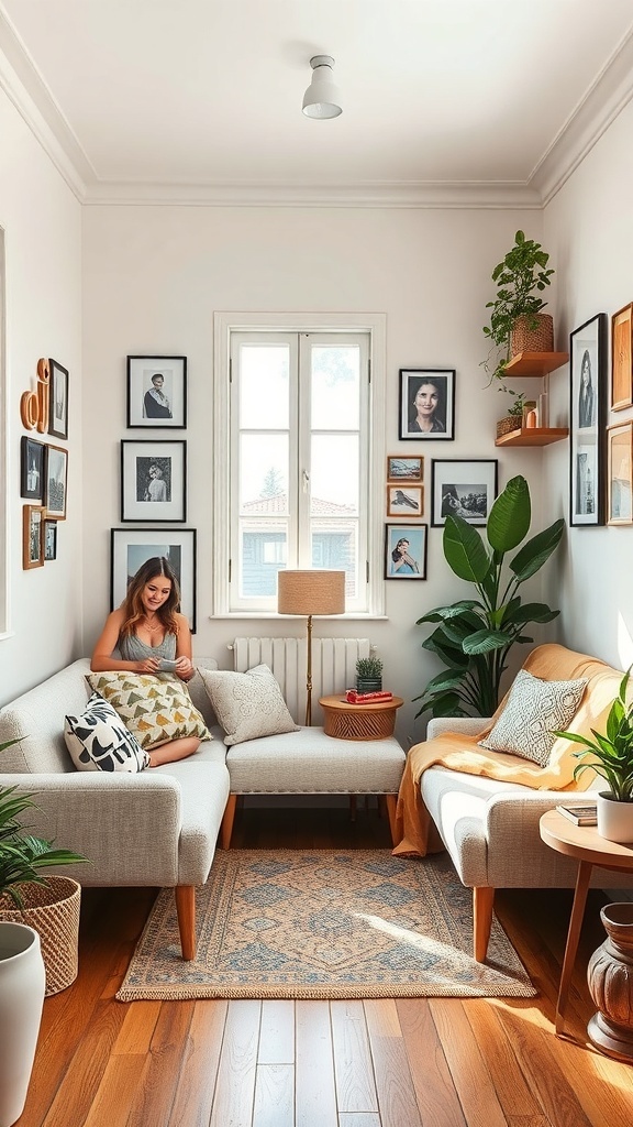 A cozy tiny room with personalized decor, featuring framed photos, plants, and warm lighting.