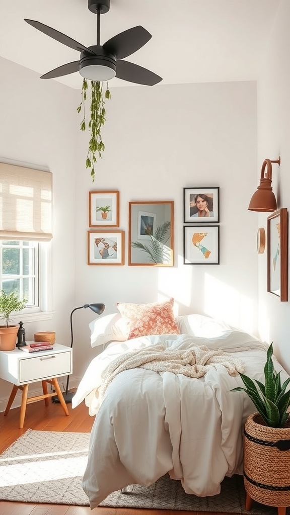 Cozy and personalized tiny bedroom featuring wall art, plants, and soft textiles.