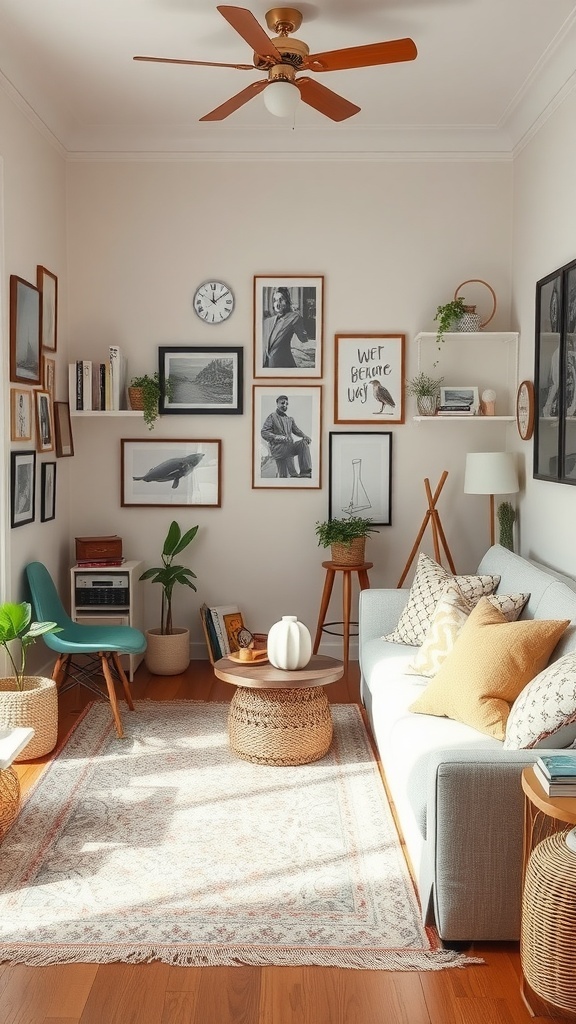 Cozy tiny room with personalized decor featuring a gallery wall, plants, and comfortable furniture.