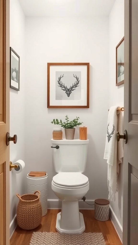 A cozy tiny toilet room with white walls, framed artwork, a small plant, and woven storage baskets.