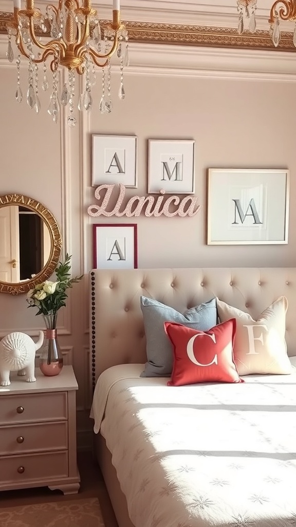 A stylish glam room featuring personalized decor with a name on the wall, elegant chandelier, and cozy bedding.