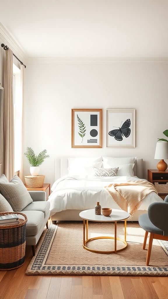 A cozy living room with a light color palette, featuring a bed, sofa, coffee table, and decorative plants.