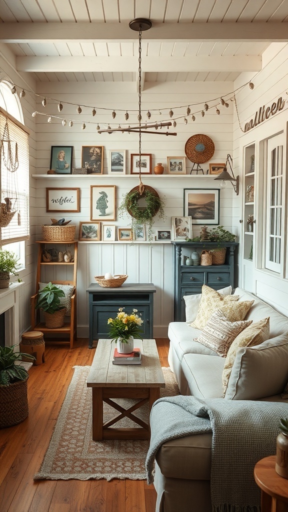 Cozy tiny cottage interior with personalized decor, including framed pictures, plants, and a rustic coffee table.