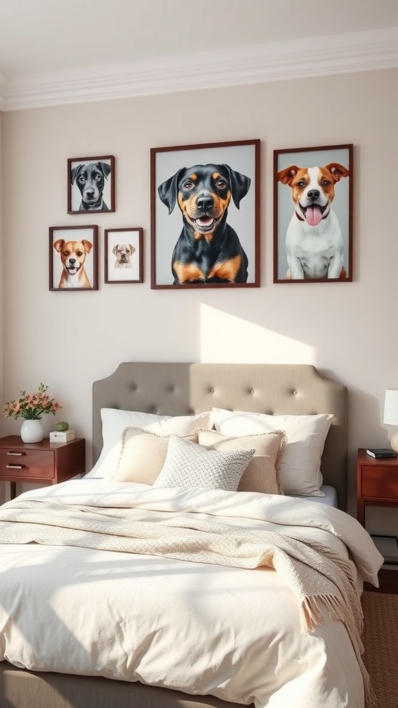A cozy bedroom featuring personalized dog wall art with various dog portraits in frames.