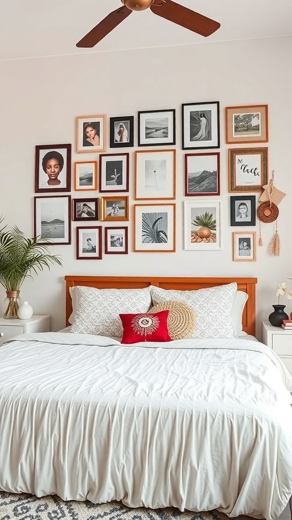 A boho bedroom featuring a personalized gallery wall with various framed photos and art pieces above a neatly made bed.