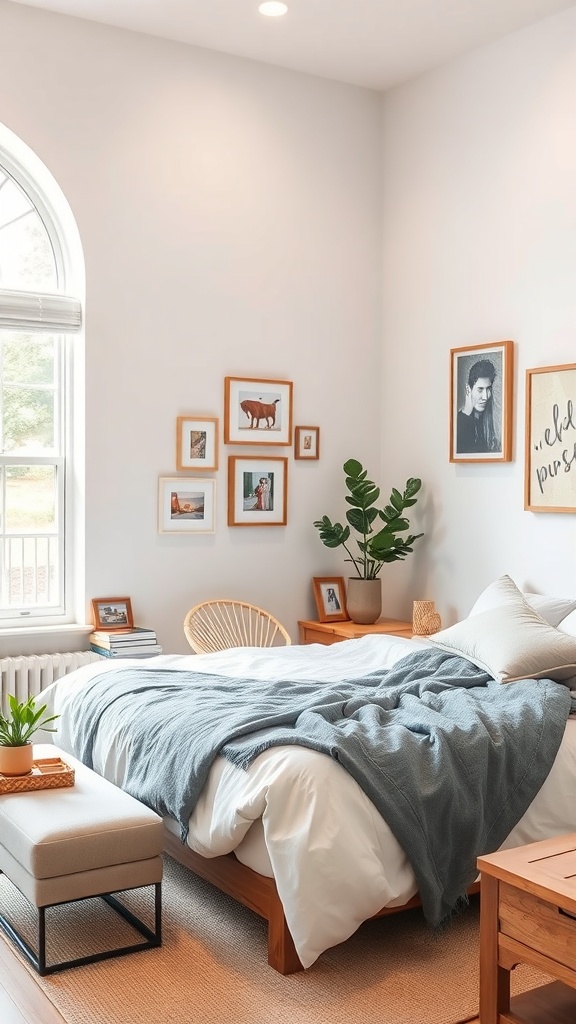 Cozy bedroom corner with a bed, decorative pillows, framed pictures on the wall, and a plant.